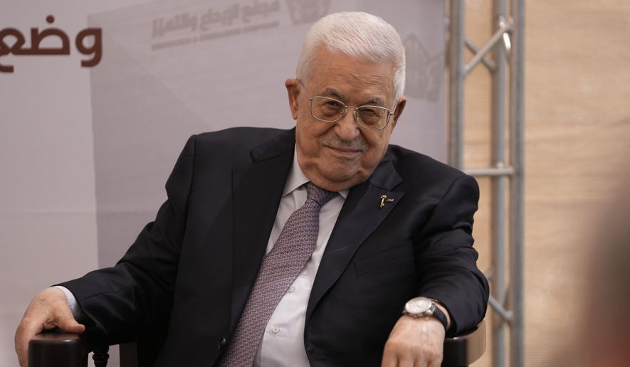 Palestinian President Mahmoud Abbas attends the inauguration ceremony of the Innovation and Excellence Compound in the West Bank city of Ramallah, Wednesday, Sept. 9, 2026. (AP Photo/Mahmoud Illean)