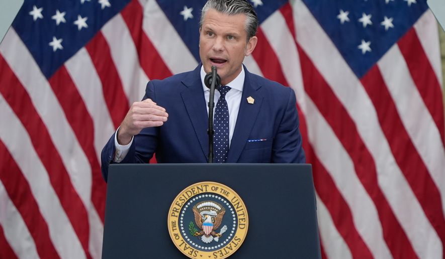 Defense Secretary Pete Hegseth speaks during a ceremony to commemorate the 25th anniversary of the 9/11 attacks at the Pentagon, Friday, Sept. 11, 2026, in Washington. (AP Photo/Manuel Balce Ceneta)