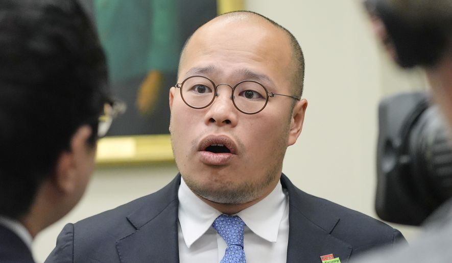Sebastien Lai speaks with reporters after a Congressional Executive Commission on China regarding the continued imprisonment of his father Jimmy Lai on Capitol Hill, Wednesday, Sept. 16, 2026, in Washington. (AP Photo/Mariam Zuhaib)