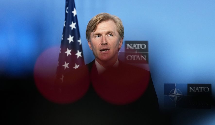 United States Undersecretary of Defense Elbridge Colby addresses the media at NATO headquarters in Brussels, Thursday, Aug. 27, 2026. (AP Photo/Virginia Mayo)