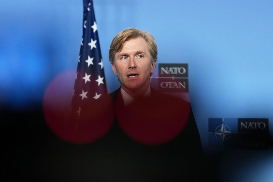 United States Undersecretary of Defense Elbridge Colby addresses the media at NATO headquarters in Brussels, Thursday, Aug. 27, 2026. (AP Photo/Virginia Mayo)