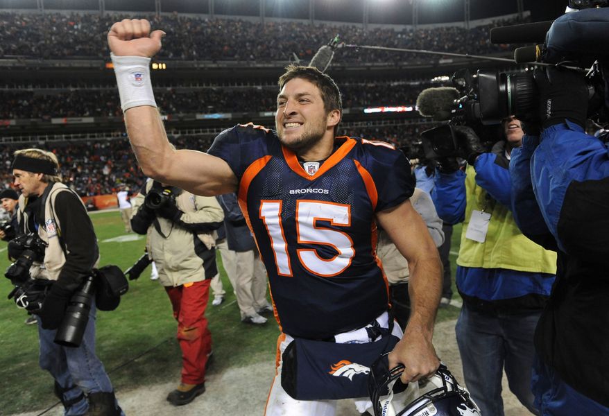 Denver Broncos quarterback Tim Tebow (15) celebrates after beating the Pittsburgh Steelers 29-23 in overtime of an NFL wild card playoff football game Sunday, Jan. 8, 2012, in Denver. (AP Photo/Chris Schneider, File)
