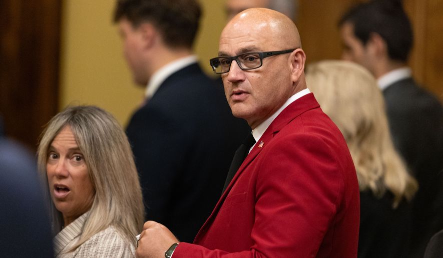 Missouri Secretary of State Denny Hoskins leaves the courtroom after his contempt hearing at the Missouri Supreme Court in Jefferson City, Mo., Thursday, Sept. 10, 2026. (Liz Rymarev/St. Louis Post-Dispatch via AP, Pool)
