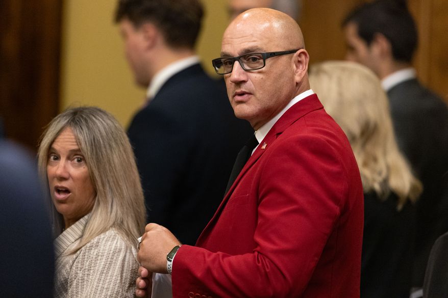 Missouri Secretary of State Denny Hoskins leaves the courtroom after his contempt hearing at the Missouri Supreme Court in Jefferson City, Mo., Thursday, Sept. 10, 2026. (Liz Rymarev/St. Louis Post-Dispatch via AP, Pool)