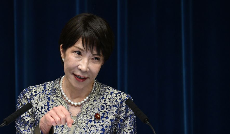 Japan's Prime Minister Sanae Takaichi holds a press conference after a cabinet reshuffle at the prime minister's office, that aimed at solidifying the ruling coalition and advancing a food tax cut despite concerns over how it will be financed in Tokyo, Thursday, Sept. 17, 2026. (Rie Kikuchi/Pool via AP)