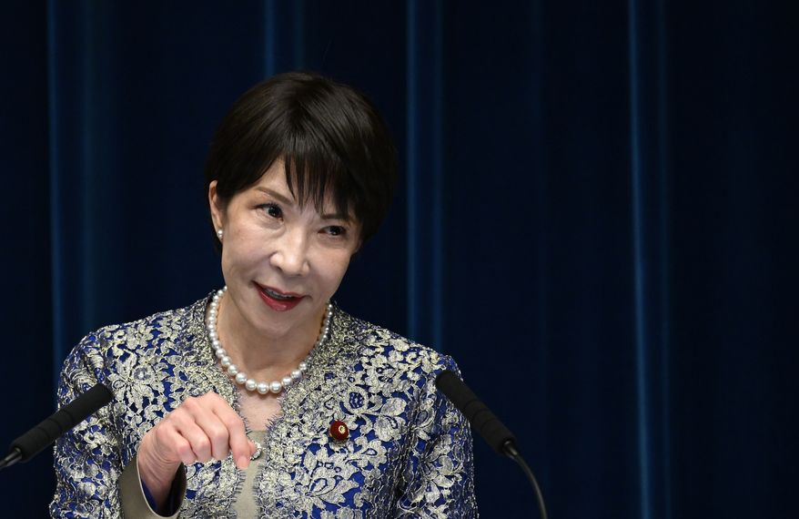 Japan's Prime Minister Sanae Takaichi holds a press conference after a cabinet reshuffle at the prime minister's office, that aimed at solidifying the ruling coalition and advancing a food tax cut despite concerns over how it will be financed in Tokyo, Thursday, Sept. 17, 2026. (Rie Kikuchi/Pool via AP)