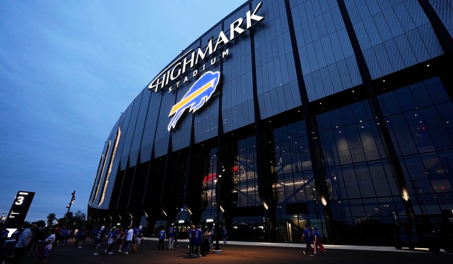 A general view of the exterior of Highmark Stadium is shown before an NFL football game between the Buffalo Bills and Detroit Lions in Orchard Park, N.Y., Thursday, Sept. 17, 2026. (AP Photo/Sue Ogrocki)