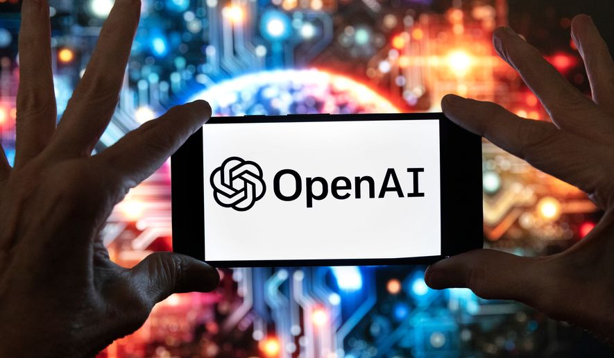 The OpenAI logo is displayed on a cell phone in front of an image generated by ChatGPT's Dall-E text-to-image model, Dec. 8, 2023, in Boston. (AP Photo/Michael Dwyer, File)