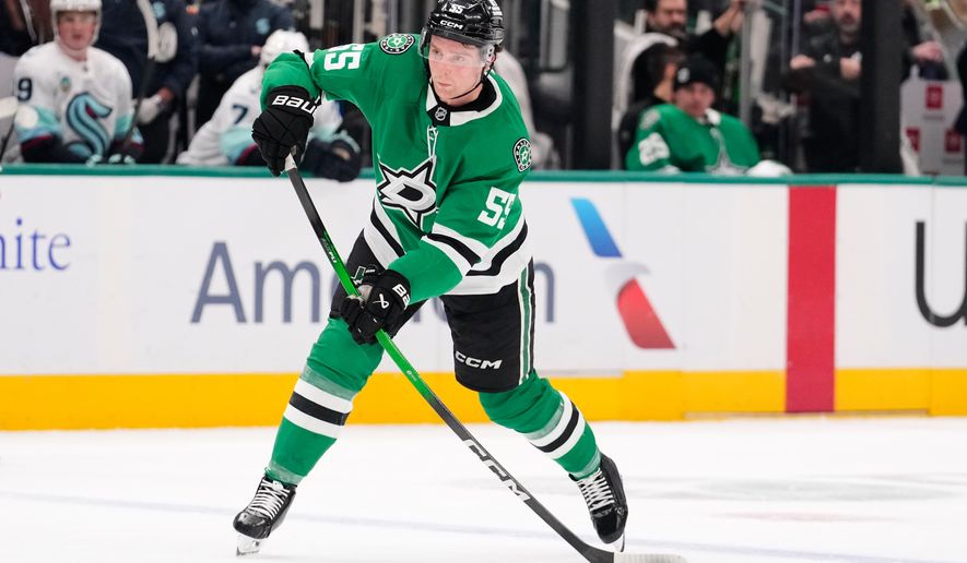 Dallas Stars defenseman Thomas Harley shoots during an NHL hockey game against the Seattle Kraken in Dallas, Feb. 25, 2026. (AP Photo/Tony Gutierrez, File)