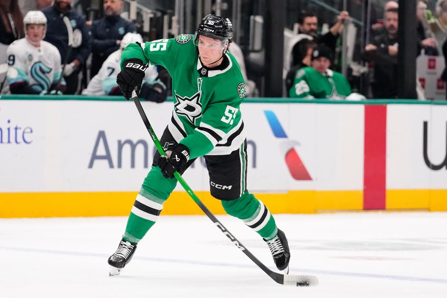 Dallas Stars defenseman Thomas Harley shoots during an NHL hockey game against the Seattle Kraken in Dallas, Feb. 25, 2026. (AP Photo/Tony Gutierrez, File)