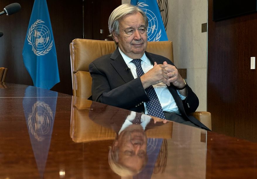 The United Nations Secretary-General Antonio Guterres speaks during an interview with The Associated Press at the United Nations headquarters, Thursday, Sept. 17, 2026. (AP Photo/David R Martin)