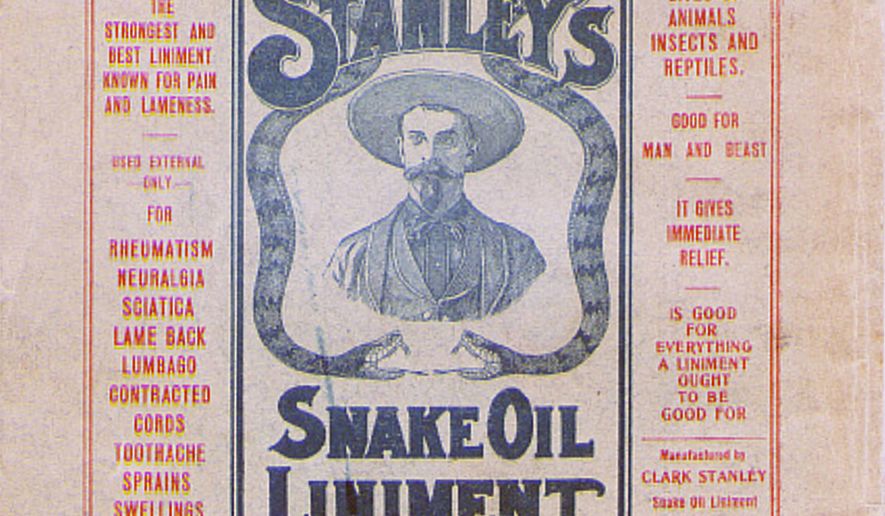 This image provided by the National Library of Medicine shows part of an advertisement for Clark Stanley's Snake Oil Liniment, circa 1905. (NLM via AP)