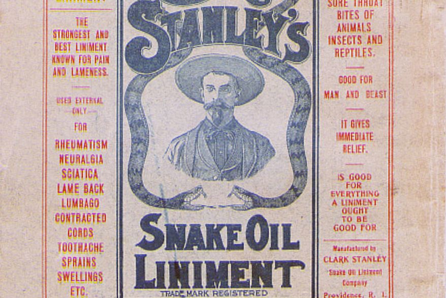 This image provided by the National Library of Medicine shows part of an advertisement for Clark Stanley's Snake Oil Liniment, circa 1905. (NLM via AP)