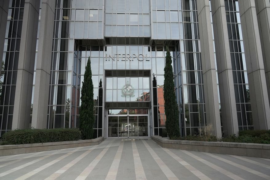 A view of the entrance of the international police agency headquarters in Lyon, France, Thursday, Sept. 17, 2026. (AP Photo/John Leicester) CORRECTION: Date corrected to Thursday Sept. 17, instead of Friday, Sept. 18