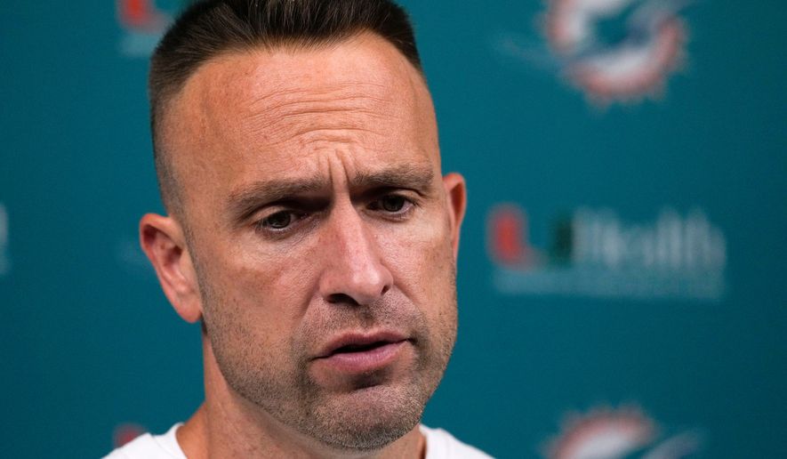 Miami Dolphins head coach Jeff Hafley speaks during a news conference after an NFL football game against the Las Vegas Raiders, Sunday, Sept. 13, 2026, in Las Vegas. (AP Photo/Ross D. Franklin)