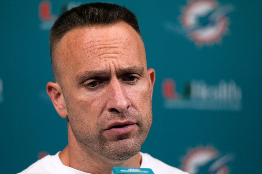 Miami Dolphins head coach Jeff Hafley speaks during a news conference after an NFL football game against the Las Vegas Raiders, Sunday, Sept. 13, 2026, in Las Vegas. (AP Photo/Ross D. Franklin)