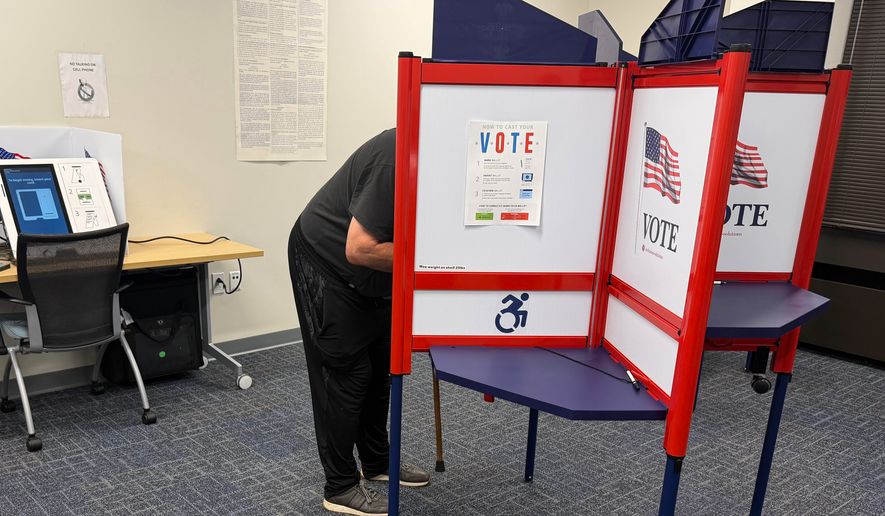 A voter casts a ballot in Henrico County, Va., on the first day of in-person early voting Friday, Sept. 18, 2026. (AP Photo/Sarah Rankin)