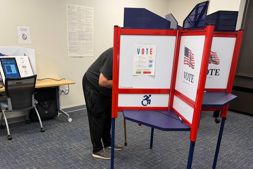 A voter casts a ballot in Henrico County, Va., on the first day of in-person early voting Friday, Sept. 18, 2026. (AP Photo/Sarah Rankin)