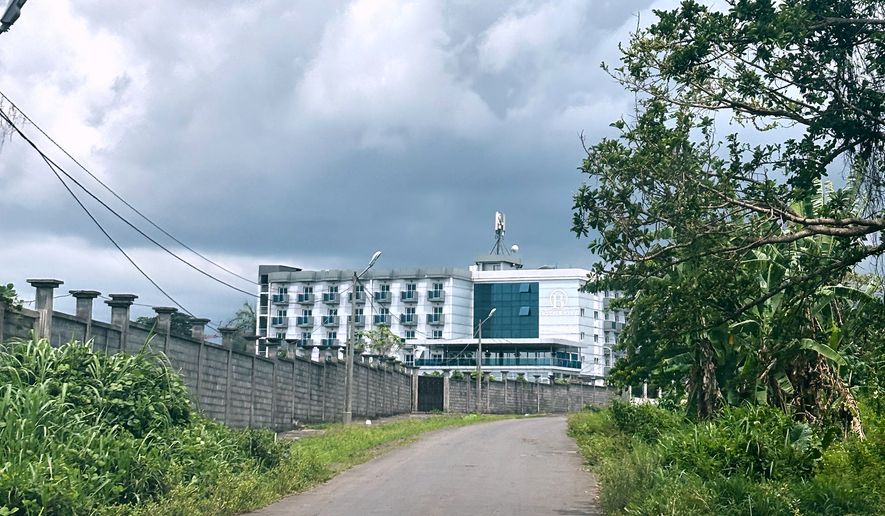 FILE - The Bamy Hotel, where migrants are held, is seen on April 22, 2026, in Malabo, Equatorial Guinea. (AP Photo/Monika Pronczuk, File)