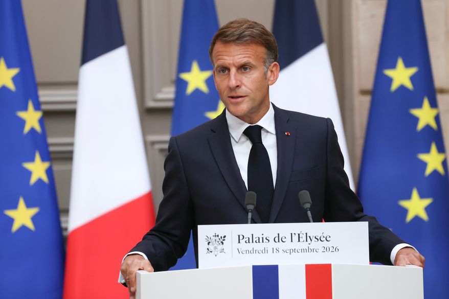 French President Emmanuel Macron gestures as he addresses the audience during a press conference following a meeting with the 2027 presidential election candidates and party leaders focused on the geopolitical situation and its consequences, at the presidential Elysee Palace in Paris, Friday, Sept. 18, 2026. (Thomas Samson/Pool Photo via AP)