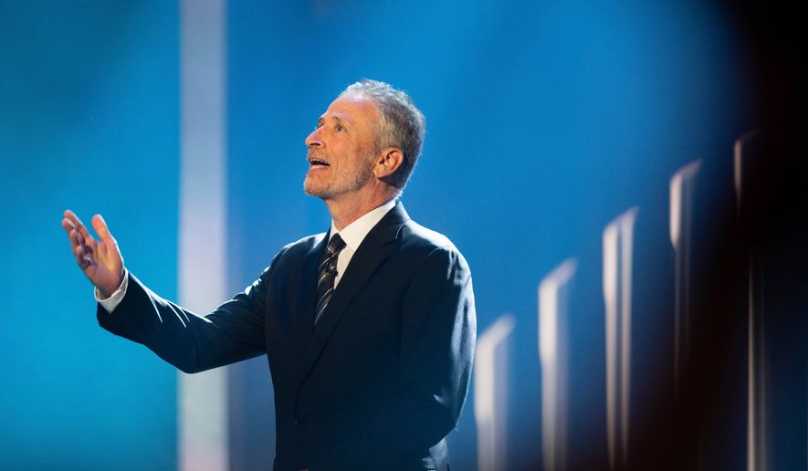 Mark Twain Prize recipient Jon Stewart is introduced at the start of the 23rd annual Mark Twain Prize for American Humor at the Kennedy Center for the Performing Arts, in Washington, April 24, 2022. (AP Photo/Kevin Wolf, File)