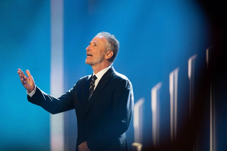 Mark Twain Prize recipient Jon Stewart is introduced at the start of the 23rd annual Mark Twain Prize for American Humor at the Kennedy Center for the Performing Arts, in Washington, April 24, 2022. (AP Photo/Kevin Wolf, File)