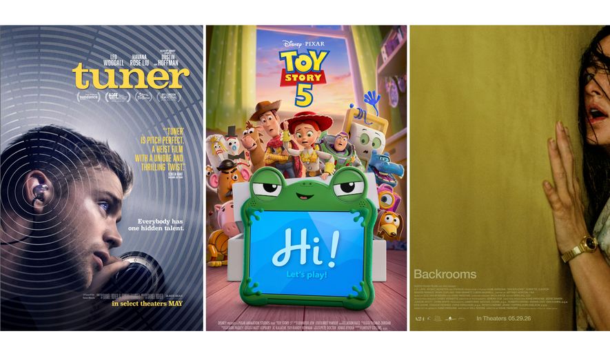 This combination of images show promotional art for the films, "Tuner," from left, "Toy Story 5," and "Backrooms." (Black Bear/Disney/A24 via AP)
