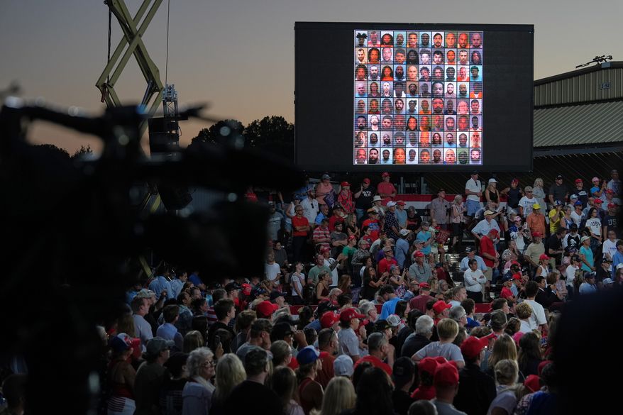 A image is seen on a screen as President Donald Trump speaks during a rally at Gastonia Municipal Airport, Wednesday, Sept. 16, 2026, in Gastonia, N.C. (AP Photo/Alex Brandon)