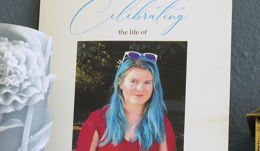 This image from video shows a photo of Emily Normandin-Parker on her memorial program at her parents' home in Seattle, Friday, Sept. 18, 2026. (AP Photo/Manuel Valdes)