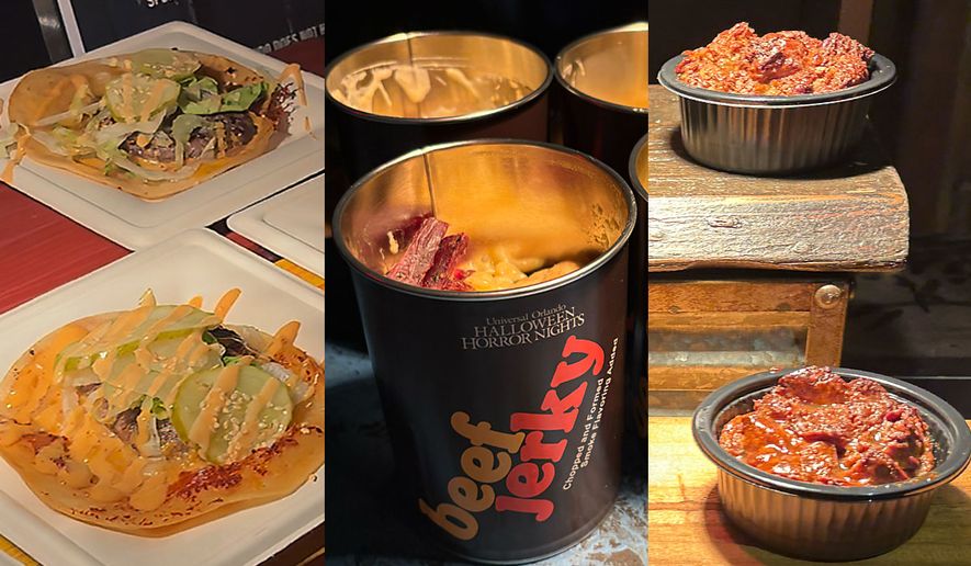 CarnEVIL Smash Taco, El's Battery Jerky and Pecan and Whiskey Bread Pudding featured in Universal Orlando's Halloween Horror Nights 35 food offerings. (Photograph by Jacquie Kubin / Special to The Washington Times)