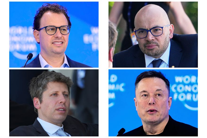 This combination of photos shows CEO & Co-Founder of Anthropic Dario Amodei, top left, on Jan. 23, 2025, CEO of Google DeepMind Demis Hassabis, top right, and CEO of OpenAI Sam Altman, bottom left, on June 17, 2026, and CEO of SpaceXAI Elon Musk, bottom right, on Jan. 22, 2026. (AP Photo/Markus Schreiber, Julia Demaree Nikhinson)