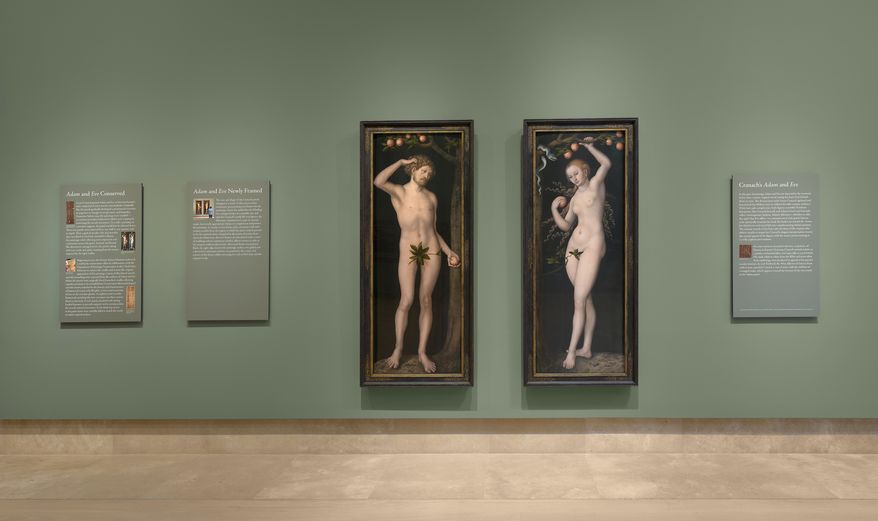This undated photo provided by the Norton Simon Art Foundation on Friday, Sept. 18, 2026, shows two oil paintings, "Adam and Eve," painted in 1530 by Lucas Cranach the Elder, on display in the Norton Simon Museum in Pasadena, Calif. (Gerard Vuilleumier/Norton Simon Art Foundation via AP)