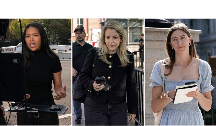 This combination of photos shows MS NOW White House reporter Akayla Gardne, from left, CNN senior White House reporter Betsy Klein and Politico White House reporter Cheyenne Haslett near the White House complex after all were denied entry to the White House and had their credentials confiscated following President Donald Trump's ban on CNN, MS NOW and Politico, Saturday, Sept. 19, 2026, in Washington. (AP Photos/Jose Luis Magana)