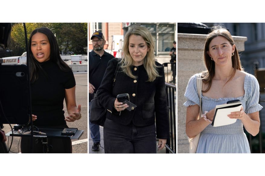 This combination of photos shows MS NOW White House reporter Akayla Gardne, from left, CNN senior White House reporter Betsy Klein and Politico White House reporter Cheyenne Haslett near the White House complex after all were denied entry to the White House and had their credentials confiscated following President Donald Trump's ban on CNN, MS NOW and Politico, Saturday, Sept. 19, 2026, in Washington. (AP Photos/Jose Luis Magana)