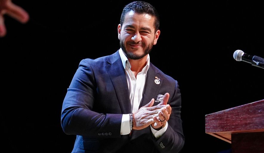 FILE - Abdul El-Sayed, a progressive candidate in the Democratic primary for U.S. Senate in Michigan, speaks during a primary election night event, Aug. 5, 2026, in Detroit. (AP Photo/Julia Demaree Nikhinson, File)