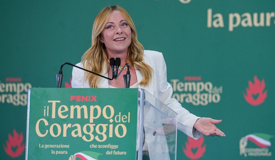 Italy's Prime Minister Giorgia Meloni attends at Fenix, the FdI youth festival, in Rome, Sunday, Sept. 20, 2026. (Valentina Stefanelli/LaPresse via AP)