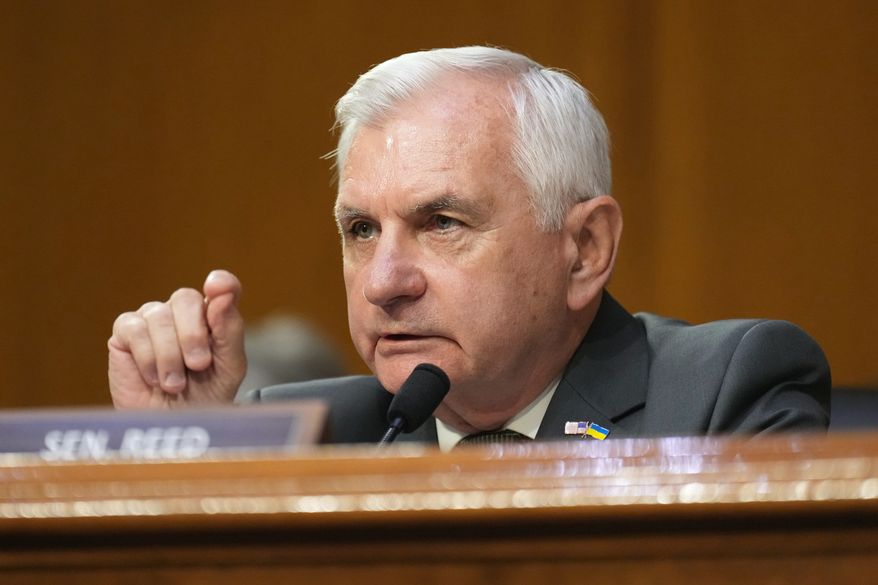 Sen. Jack Reed, D-R.I., questions Defense Secretary Pete Hegseth at a Senate Appropriations Committee hearing, Tuesday, July 21, 2026, on Capitol Hill in Washington. (AP Photo/Jacquelyn Martin)