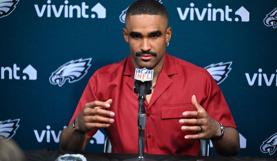 Philadelphia Eagles quarterback Jalen Hurts speaks during a news conference after an NFL football game against the Tennessee Titans, Sunday, Sept. 20, 2026, in Nashville, Tenn.(AP Photo/John Amis)