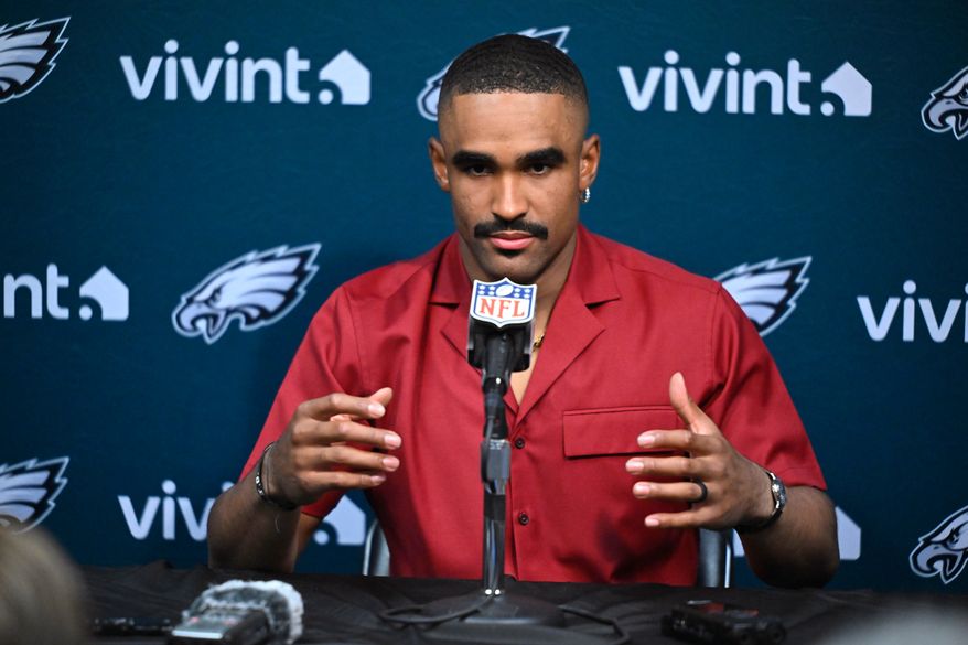 Philadelphia Eagles quarterback Jalen Hurts speaks during a news conference after an NFL football game against the Tennessee Titans, Sunday, Sept. 20, 2026, in Nashville, Tenn.(AP Photo/John Amis)