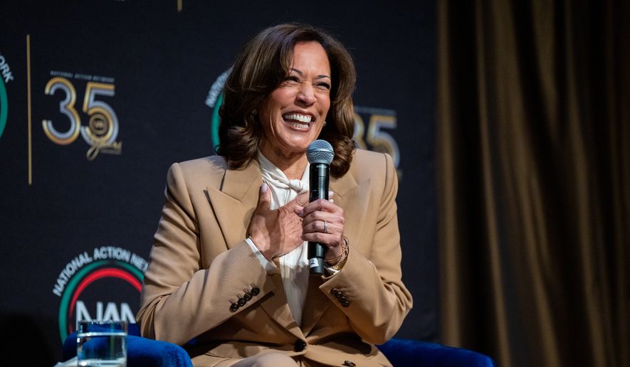 Former Vice President Kamala Harris speaks during the National Action Network Convention in New York on April 10, 2026. (AP Photo/Angelina Katsanis) ** FILE **