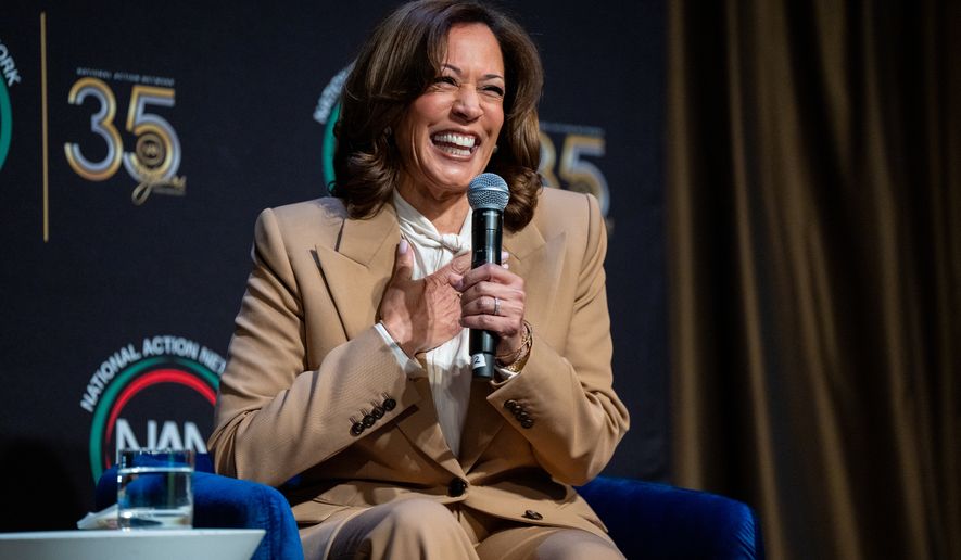 Former Vice President Kamala Harris speaks during the National Action Network Convention in New York on April 10, 2026. (AP Photo/Angelina Katsanis) **FILE**