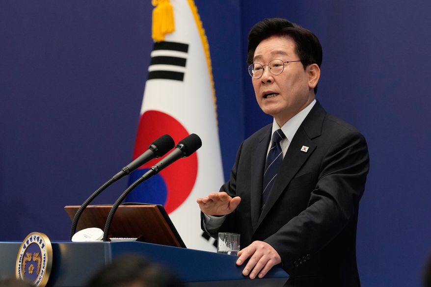South Korean President Lee Jae-myung speaks during a press conference at the presidential Blue House in Seoul, South Korea, Friday, Sept. 18, 2026. (AP Photo/Ahn Young-joon, Pool)