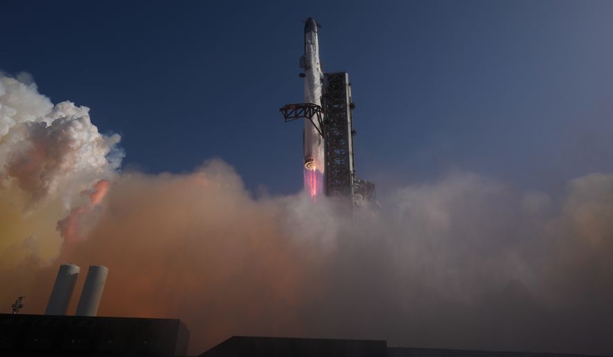 FILE - SpaceX's mega rocket Starship lifts off for a test flight from Starbase, Texas, July 24, 2026. (AP Photo/Eric Gay, File)