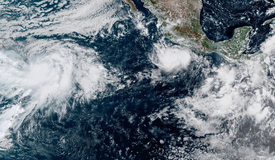 This photo provided by NOAA shows Hurricane Polo intensifying in the Pacific Ocean off the coast of Mexico on Monday, Sept. 21, 2026. (NOAA via AP)