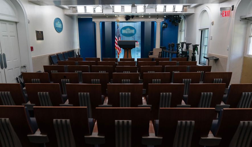 The James Brady Press Briefing Room is seen at the White House, Saturday, Sept. 19, 2026, in Washington. (AP Photo/Jose Luis Magana)