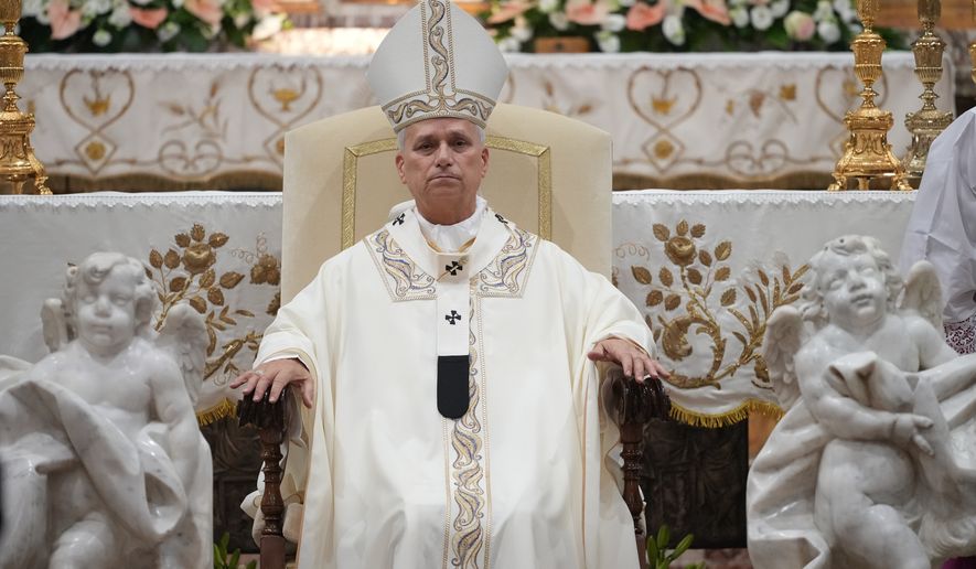Pope Leo XIV celebrates a mass at the Basilica Sanctuary of the Mother of Good Counsel in Genazzano, central Italy, Monday, Sept. 7, 2026. (AP Photo/Andrew Medichini, File)
