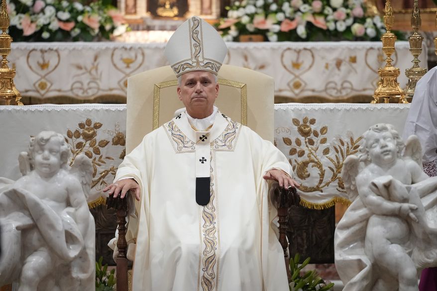 Pope Leo XIV celebrates a mass at the Basilica Sanctuary of the Mother of Good Counsel in Genazzano, central Italy, Monday, Sept. 7, 2026. (AP Photo/Andrew Medichini, File)