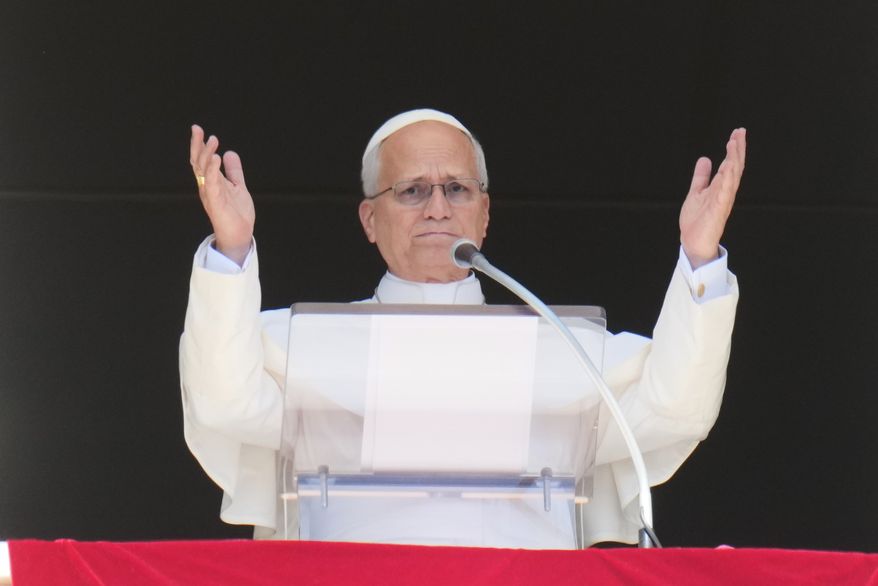 Pope Leo XIV delivers the Angelus noon prayer in St. Peter' s Square, at the Vatican, Sunday, Sept. 20, 2026. (AP Photo/Gregorio Borgia)