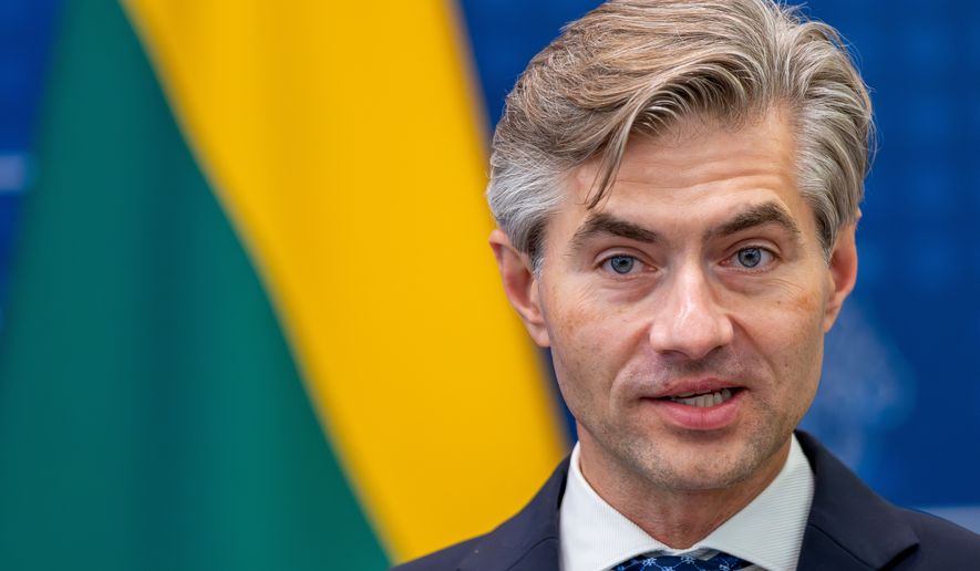 Lithuania's Foreign Minister Kestutis Budrys speaks during a news conference following his meeting with Netherland's Foreign Minister Tom Berendsen at the Ministry of Foreign Affairs in Vilnius, Lithuania, Tuesday, Sept. 8, 2026. (AP Photo/Mindaugas Kulbis)