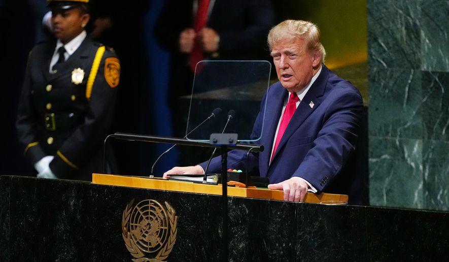 President Donald Trump speaks to the United Nations General Assembly, Tuesday, Sept. 22, 2026, at the UN headquarters. (AP Photo/Julia Demaree Nikhinson)